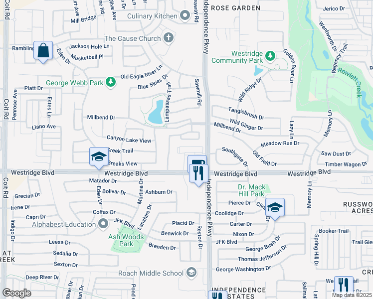 map of restaurants, bars, coffee shops, grocery stores, and more near 1530 Independence Parkway in McKinney