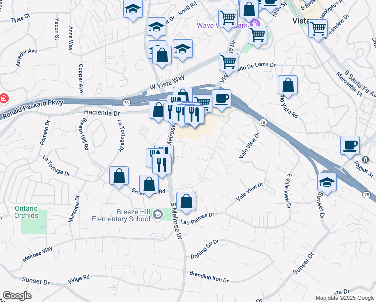 map of restaurants, bars, coffee shops, grocery stores, and more near 338 South Melrose Drive in Vista