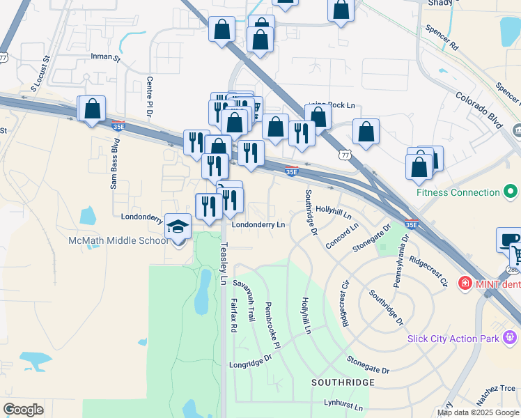 map of restaurants, bars, coffee shops, grocery stores, and more near 1800 Westminster Street in Denton