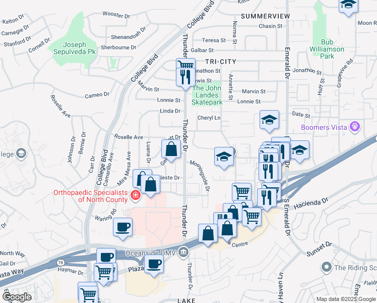 map of restaurants, bars, coffee shops, grocery stores, and more near 3018 Thunder Drive in Oceanside
