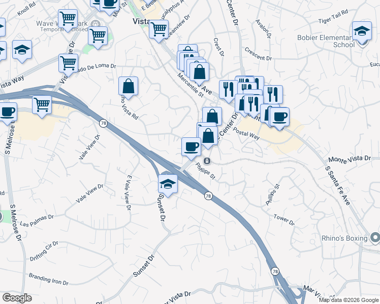 map of restaurants, bars, coffee shops, grocery stores, and more near 987 Civic Center Drive in Vista