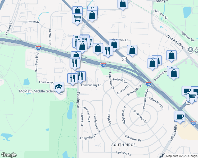 map of restaurants, bars, coffee shops, grocery stores, and more near 1815 Westminster Street in Denton