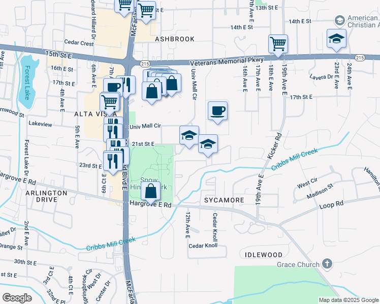 map of restaurants, bars, coffee shops, grocery stores, and more near 1300 21st Street East in Tuscaloosa