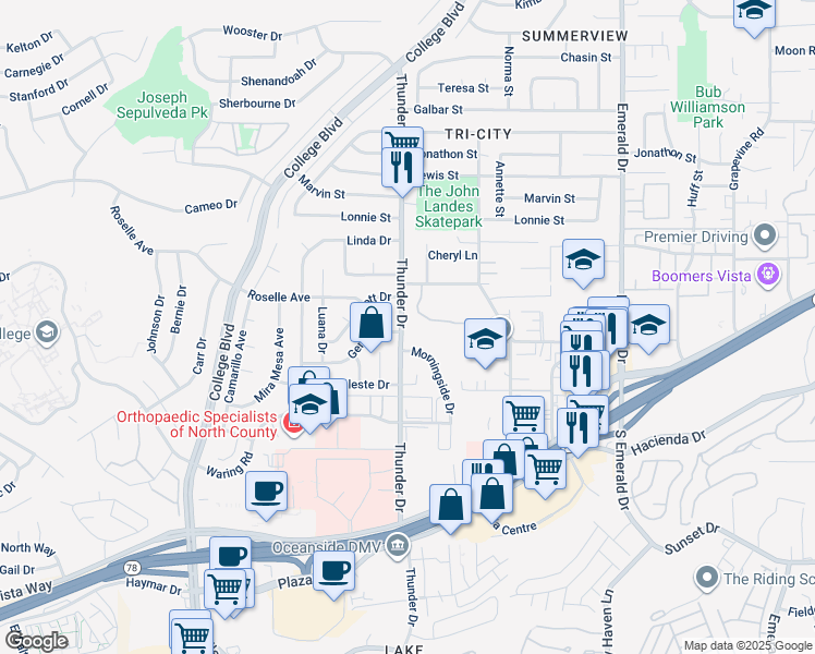 map of restaurants, bars, coffee shops, grocery stores, and more near 3018 Thunder Drive in Oceanside