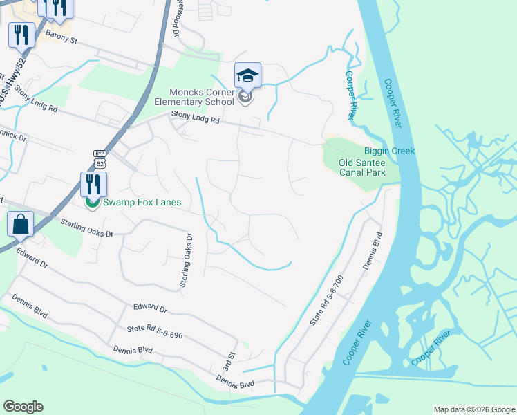 map of restaurants, bars, coffee shops, grocery stores, and more near 1403 Francis Marion Circle in Moncks Corner