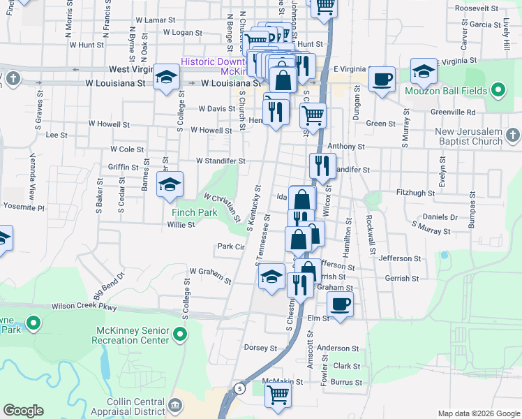 map of restaurants, bars, coffee shops, grocery stores, and more near 102 Christian Street in McKinney