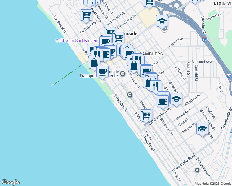 map of restaurants, bars, coffee shops, grocery stores, and more near 212 South Pacific Street in Oceanside