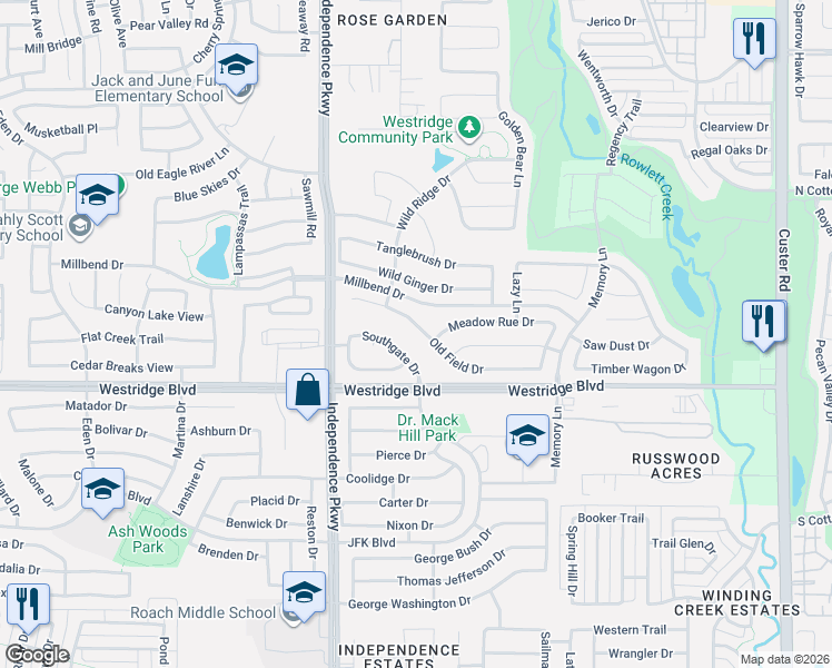 map of restaurants, bars, coffee shops, grocery stores, and more near 9829 Old Field Drive in McKinney