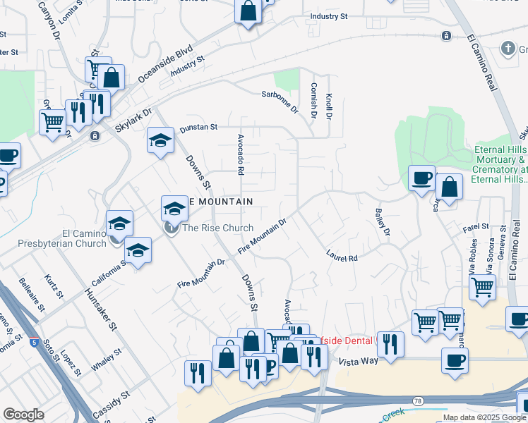 map of restaurants, bars, coffee shops, grocery stores, and more near 2363 Kenwyn Street in Oceanside