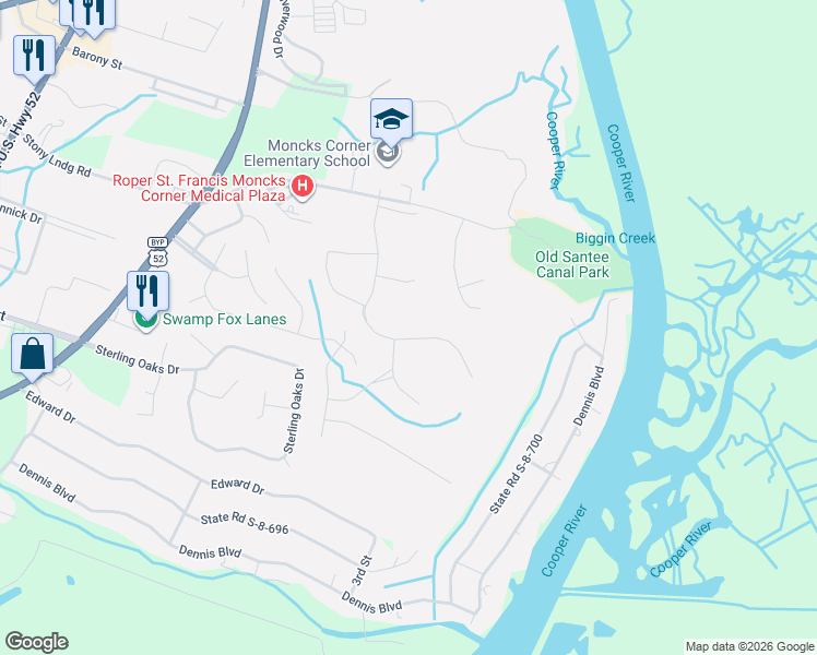 map of restaurants, bars, coffee shops, grocery stores, and more near 1403 Francis Marion Circle in Moncks Corner