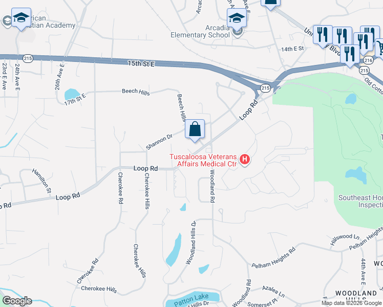 map of restaurants, bars, coffee shops, grocery stores, and more near 3429 Loop Road in Tuscaloosa