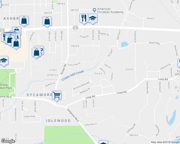 map of restaurants, bars, coffee shops, grocery stores, and more near 2241-2301 21st Street East in Tuscaloosa