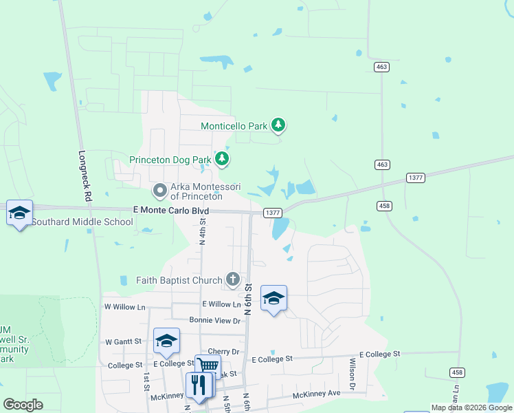 map of restaurants, bars, coffee shops, grocery stores, and more near 707 FM 982 in Princeton