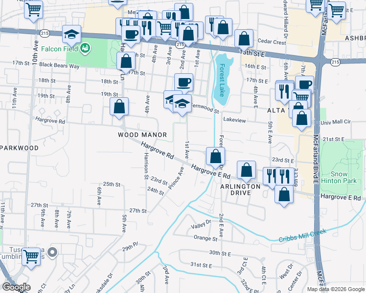 map of restaurants, bars, coffee shops, grocery stores, and more near 2040 1st Avenue in Tuscaloosa