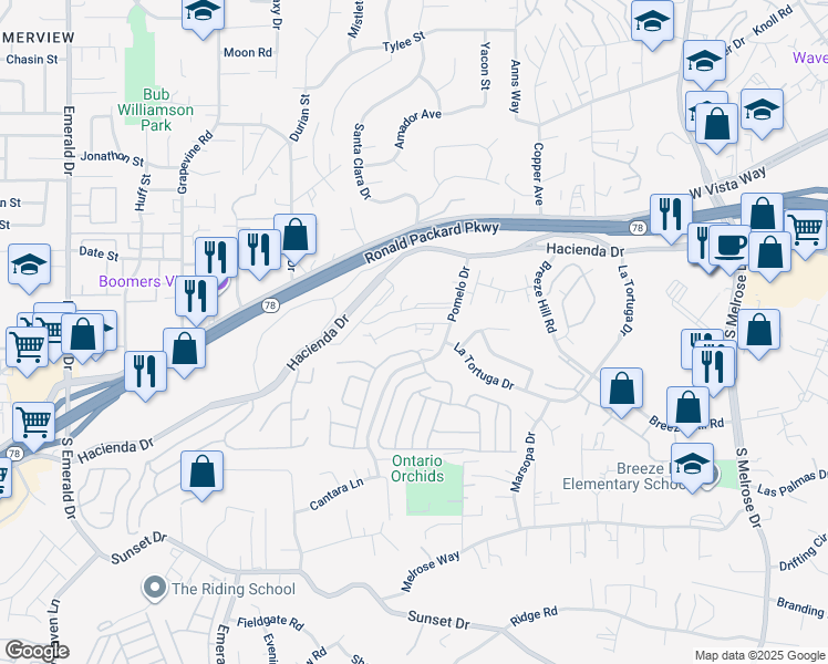 map of restaurants, bars, coffee shops, grocery stores, and more near 365 Pomelo Drive in Vista