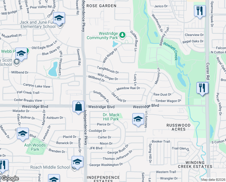 map of restaurants, bars, coffee shops, grocery stores, and more near 9829 Old Field Drive in McKinney