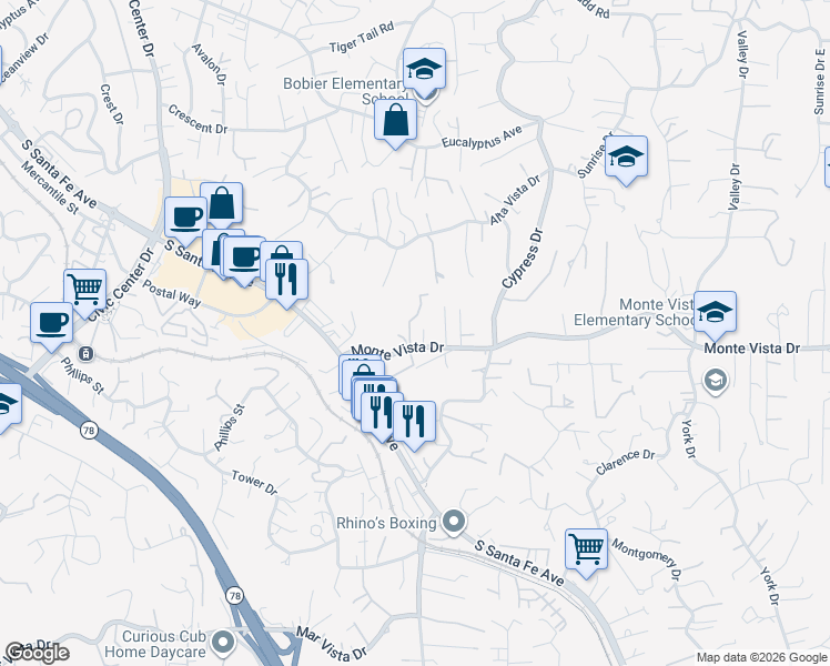 map of restaurants, bars, coffee shops, grocery stores, and more near 1112 Monte Vista Drive in Vista