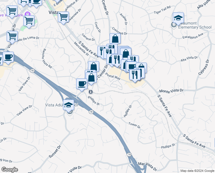 map of restaurants, bars, coffee shops, grocery stores, and more near 390 Pala Vista Drive in Vista