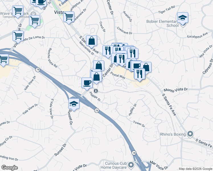 map of restaurants, bars, coffee shops, grocery stores, and more near 830 Sinkler Way in Vista
