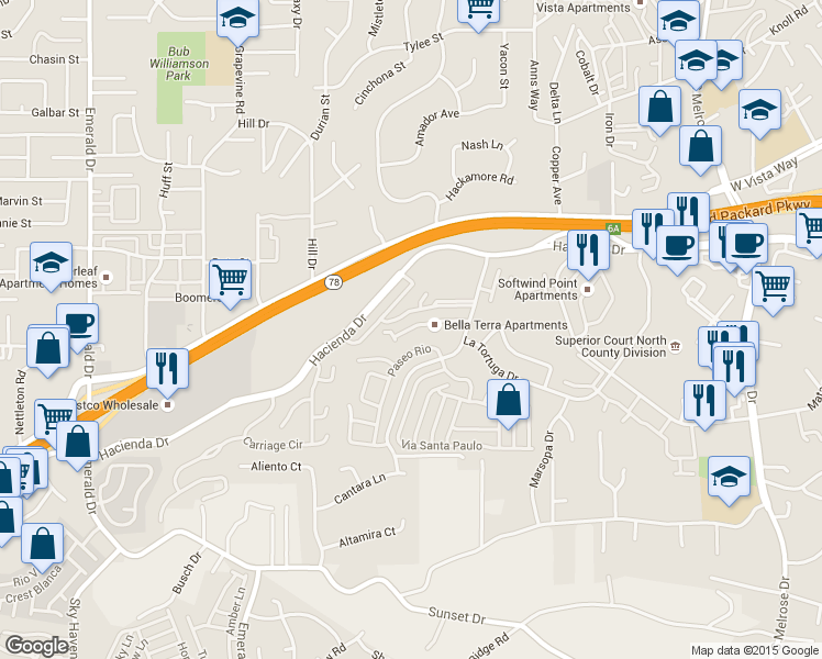 map of restaurants, bars, coffee shops, grocery stores, and more near 614 Paseo Rio in Vista