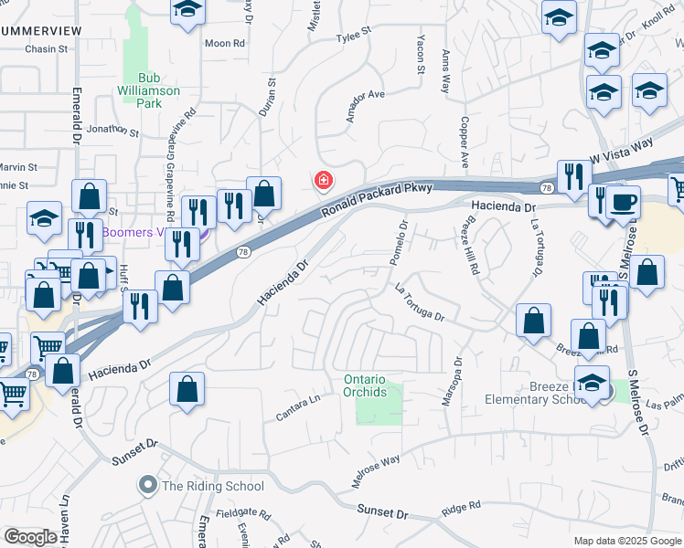 map of restaurants, bars, coffee shops, grocery stores, and more near 614 Paseo Rio in Vista