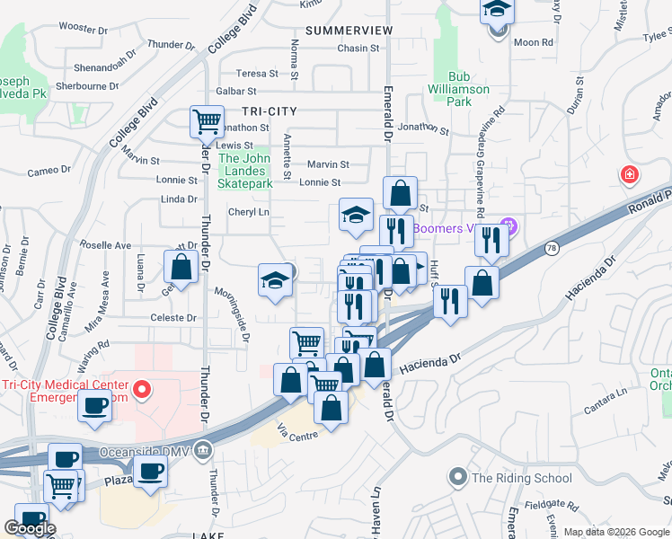 map of restaurants, bars, coffee shops, grocery stores, and more near 1901 West Drive in Vista