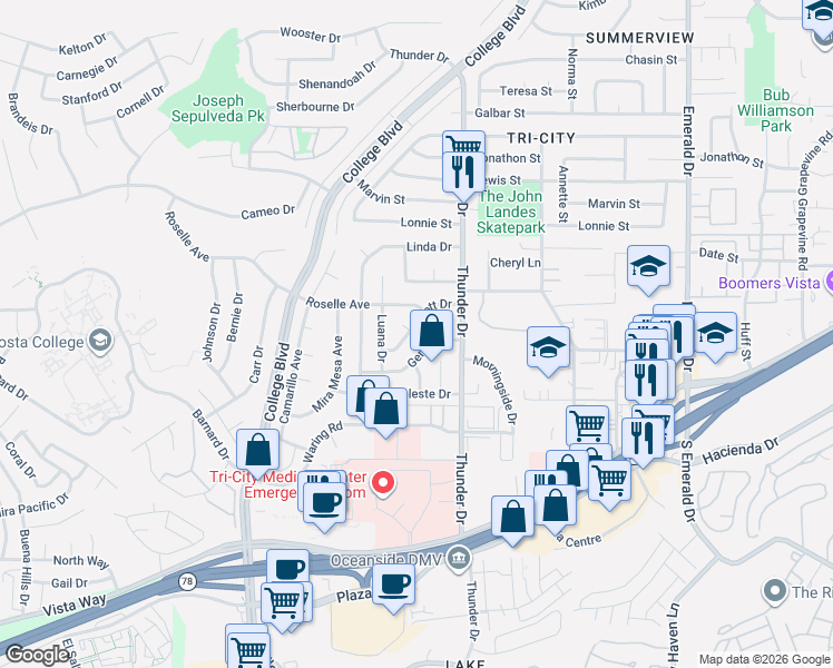 map of restaurants, bars, coffee shops, grocery stores, and more near 3926 Genine Drive in Oceanside