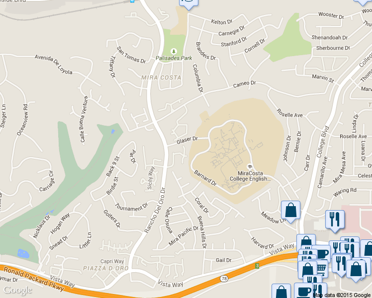 map of restaurants, bars, coffee shops, grocery stores, and more near 2335 Rancho Del Oro Road in Oceanside