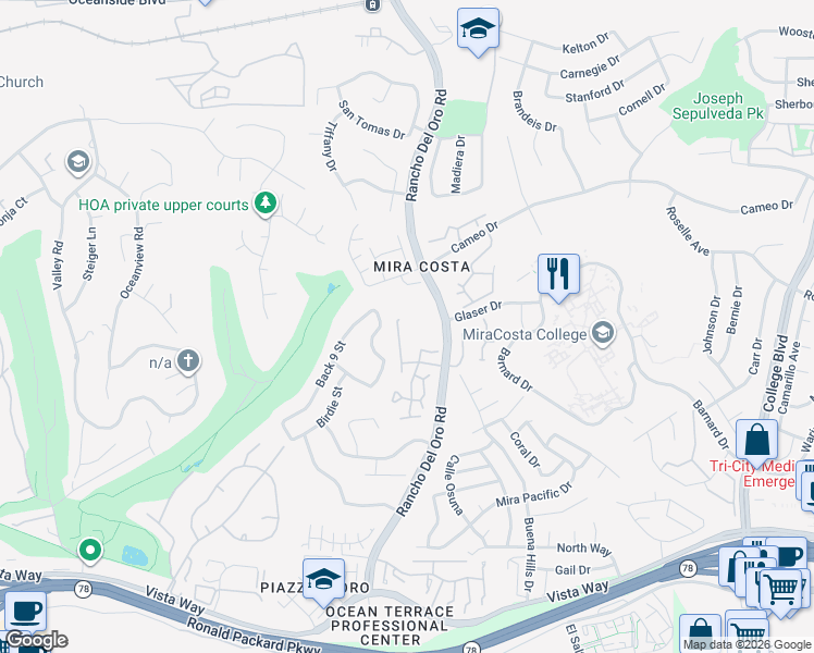 map of restaurants, bars, coffee shops, grocery stores, and more near 2322 Cartegena Way in Oceanside