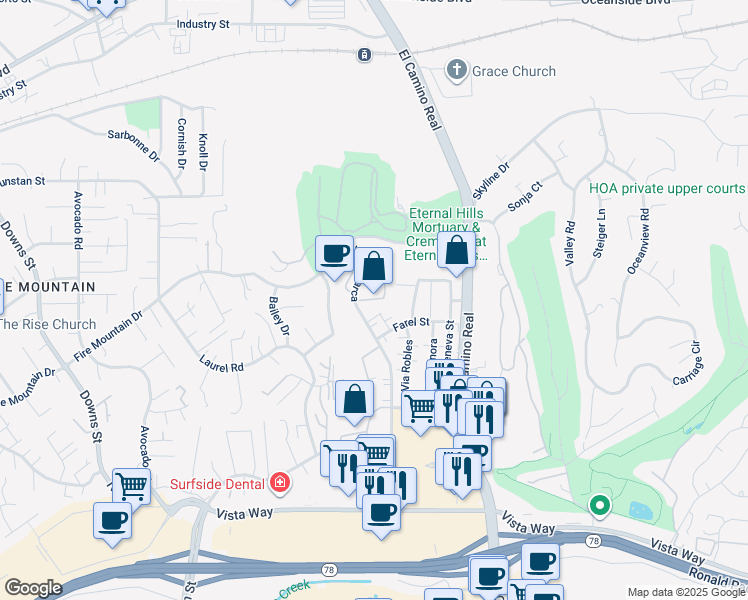 map of restaurants, bars, coffee shops, grocery stores, and more near 2659 Via Del Prado in Oceanside