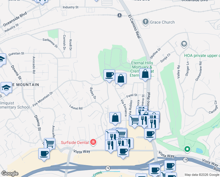 map of restaurants, bars, coffee shops, grocery stores, and more near 2104 Costa Vista Way in Oceanside