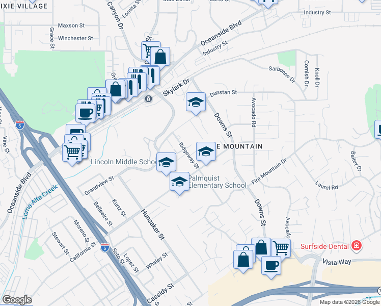 map of restaurants, bars, coffee shops, grocery stores, and more near 1478 Ridgeway Street in Oceanside