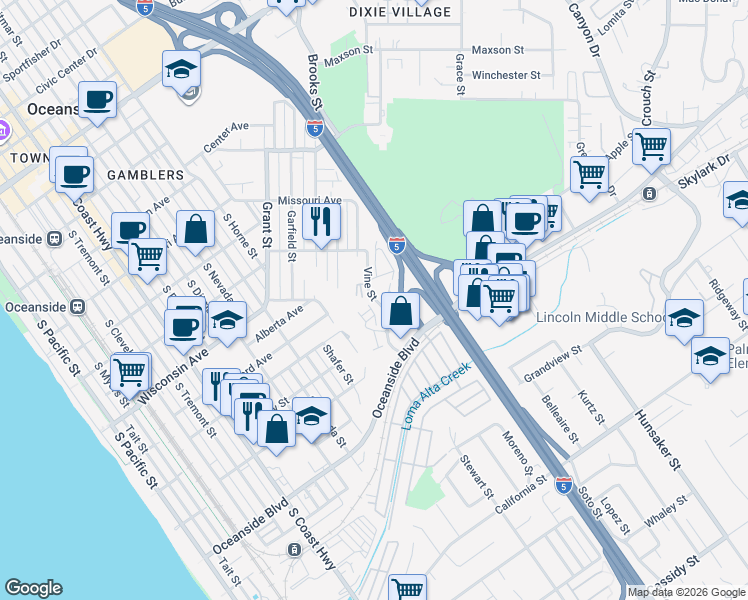 map of restaurants, bars, coffee shops, grocery stores, and more near 1108 Hibiscus Way in Oceanside