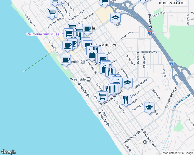 map of restaurants, bars, coffee shops, grocery stores, and more near 421 South Tremont Street in Oceanside