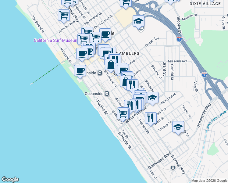 map of restaurants, bars, coffee shops, grocery stores, and more near 421 South Tremont Street in Oceanside