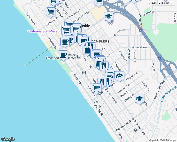 map of restaurants, bars, coffee shops, grocery stores, and more near 309 Missouri Avenue in Oceanside