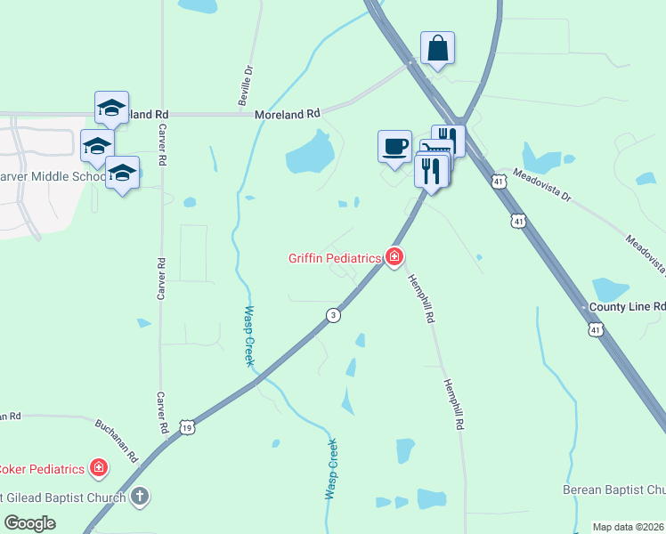 map of restaurants, bars, coffee shops, grocery stores, and more near 217 Timber Wolf Trail in Griffin
