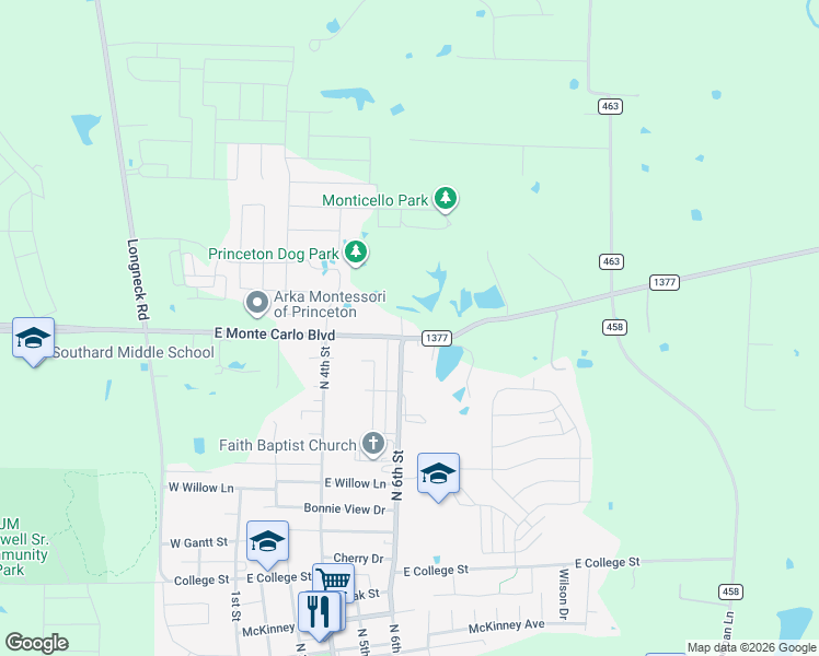 map of restaurants, bars, coffee shops, grocery stores, and more near 707 FM 982 in Princeton