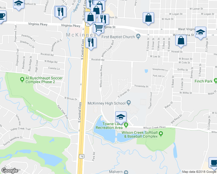 map of restaurants, bars, coffee shops, grocery stores, and more near 901 Wilson Creek Boulevard in McKinney