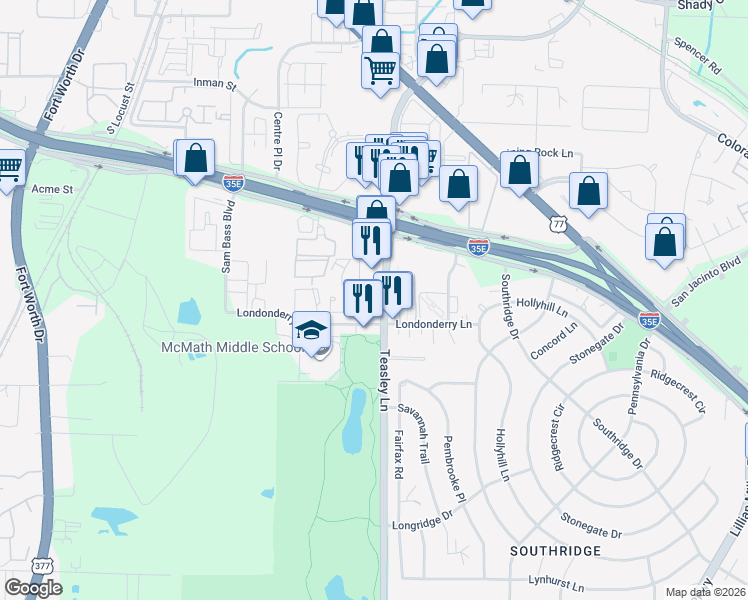 map of restaurants, bars, coffee shops, grocery stores, and more near 1820 Teasley Lane in Denton