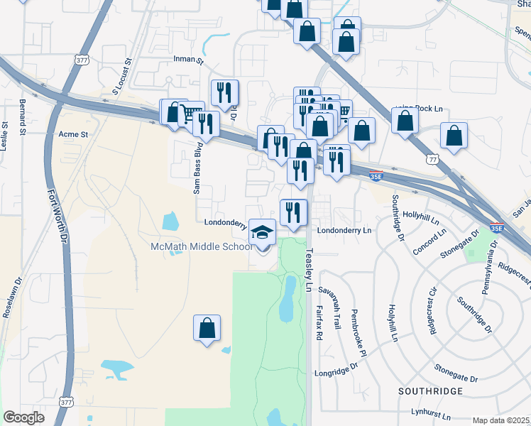 map of restaurants, bars, coffee shops, grocery stores, and more near 1820 Teasley Lane in Denton