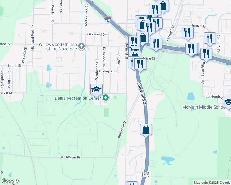 map of restaurants, bars, coffee shops, grocery stores, and more near 1000 Parvin Street in Denton