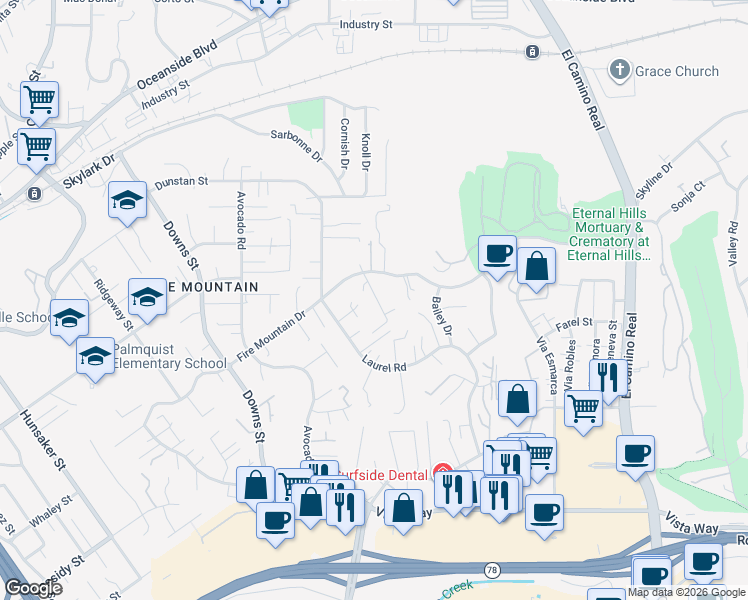 map of restaurants, bars, coffee shops, grocery stores, and more near 1763 Yucca Road in Oceanside
