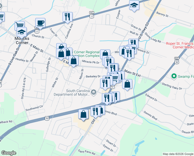 map of restaurants, bars, coffee shops, grocery stores, and more near 204 Fairlawn Drive in Moncks Corner