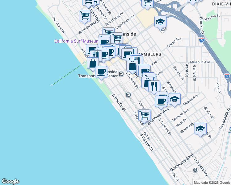 map of restaurants, bars, coffee shops, grocery stores, and more near 212 South Pacific Street in Oceanside