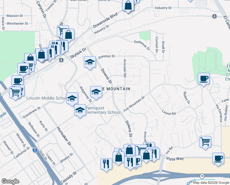 map of restaurants, bars, coffee shops, grocery stores, and more near 1520 Downs Street in Oceanside