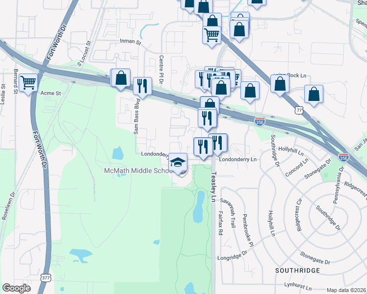 map of restaurants, bars, coffee shops, grocery stores, and more near 1820 Teasley Lane in Denton