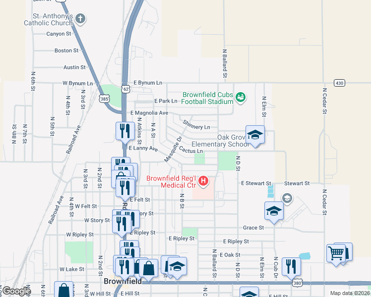 map of restaurants, bars, coffee shops, grocery stores, and more near 510 Cactus Ln in Brownfield