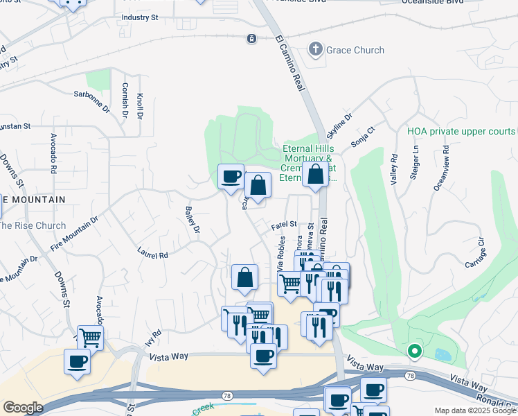 map of restaurants, bars, coffee shops, grocery stores, and more near 2054 Costa Vista Way in Oceanside