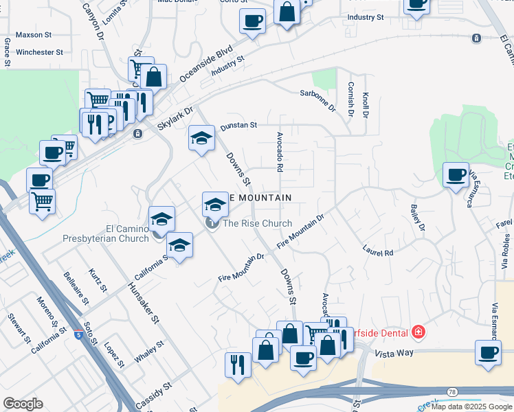 map of restaurants, bars, coffee shops, grocery stores, and more near 1520 Downs Street in Oceanside